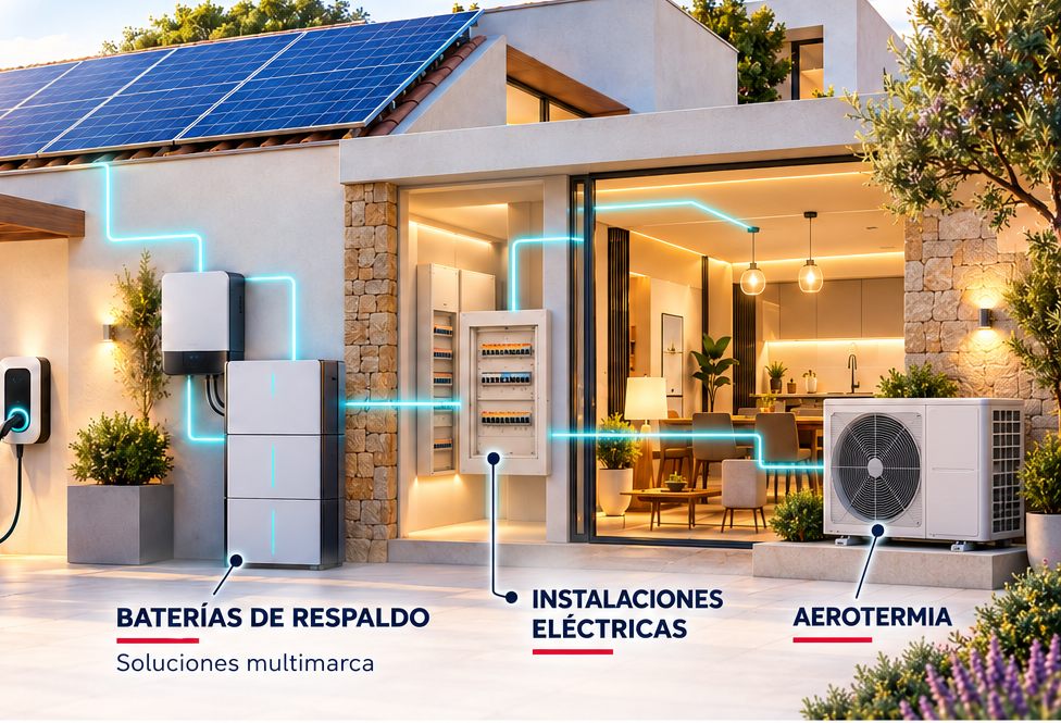 Ecosistema energético Faraday ADJ: paneles solares, baterías, recarga de vehículo eléctrico, instalación eléctrica y aerotermia en una vivienda