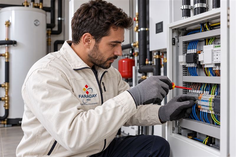 Instalador de Faraday conectando el cableado del cuadro eléctrico de aerotermia