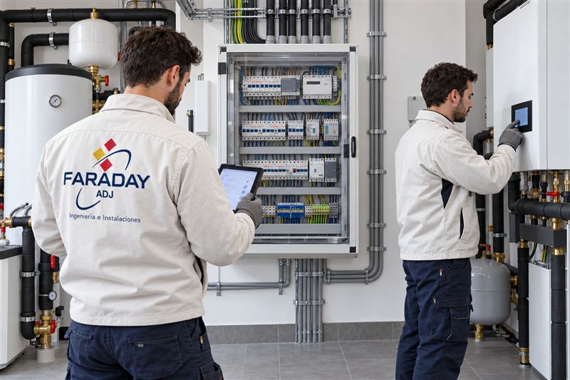 Técnicos de Faraday revisando el cuadro eléctrico de una instalación de aerotermia