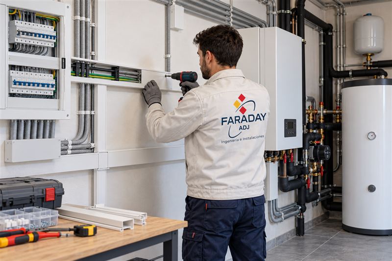 Instalador de Faraday montando canalización eléctrica junto a un equipo de aerotermia