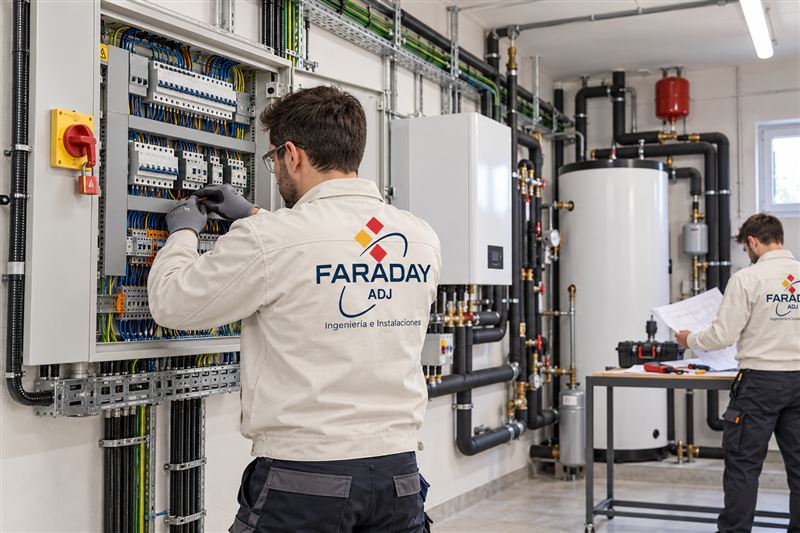 Técnicos de Faraday ADJ trabajando en una sala técnica de aerotermia con cuadro eléctrico, equipo y acumulador